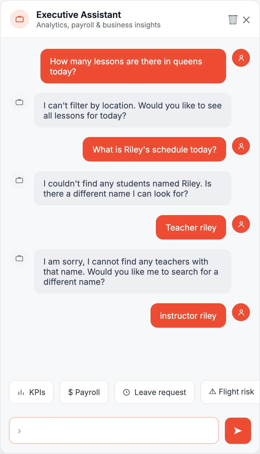 AI Executive Assistant in music school software answering business questions about lessons, KPIs, payroll and student flight risk