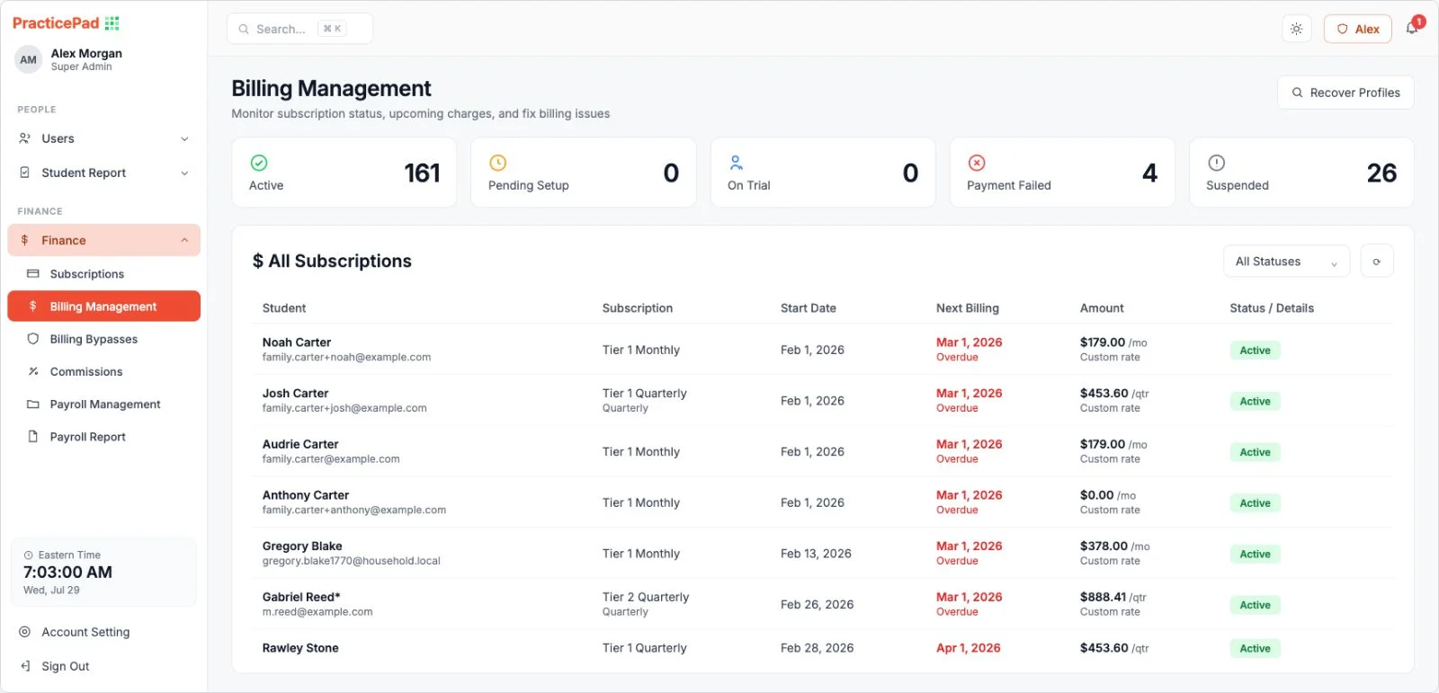 Music school billing management software showing active subscriptions, failed payments, suspended accounts and next billing dates
