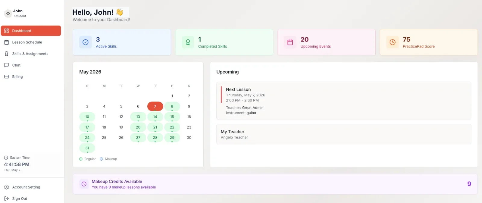 PracticePad music lesson dashboard — practice calendar, next lesson, and progress score