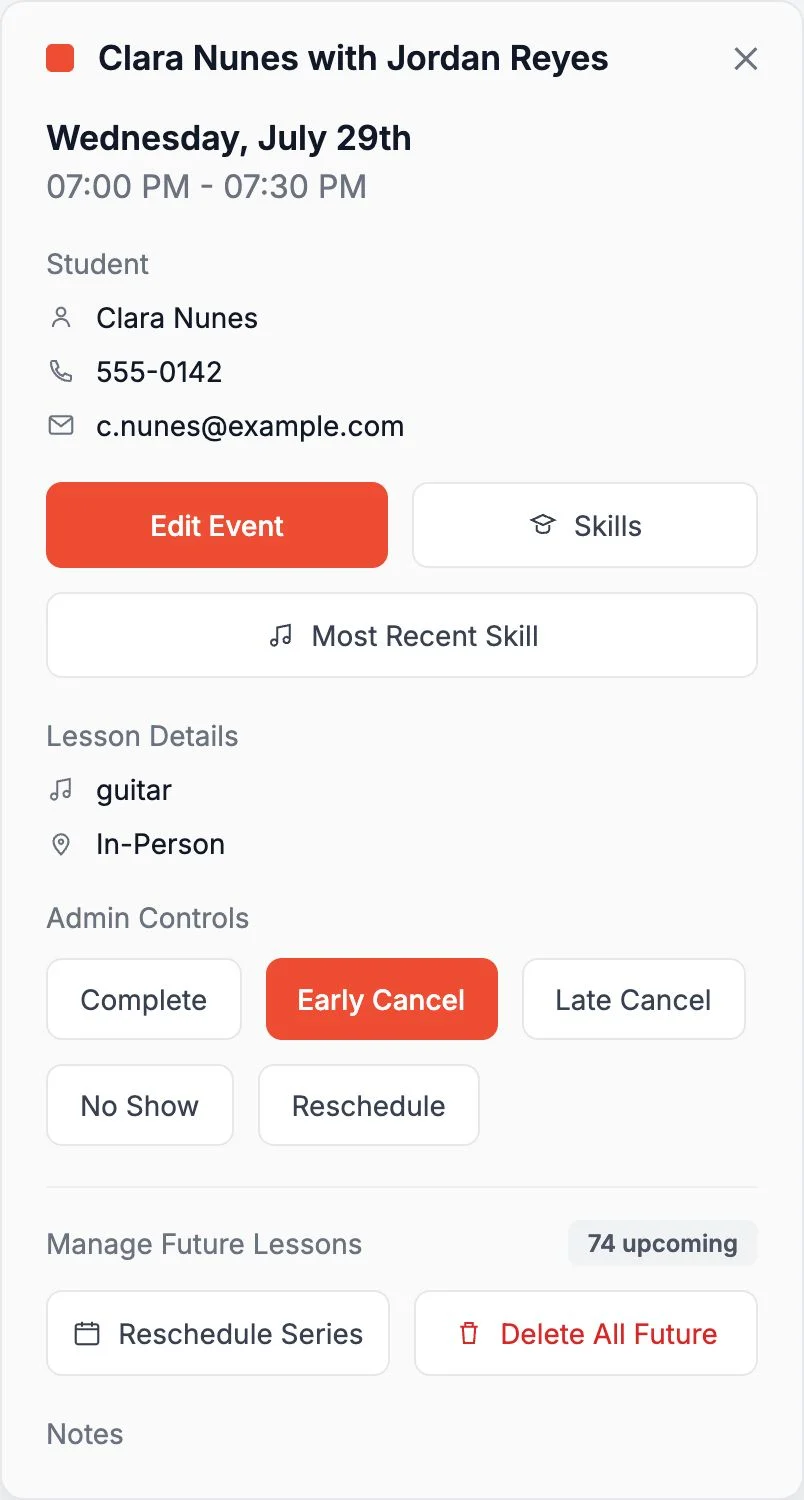 PracticePad lesson detail panel with admin controls to complete, cancel, reschedule or no-show a music lesson