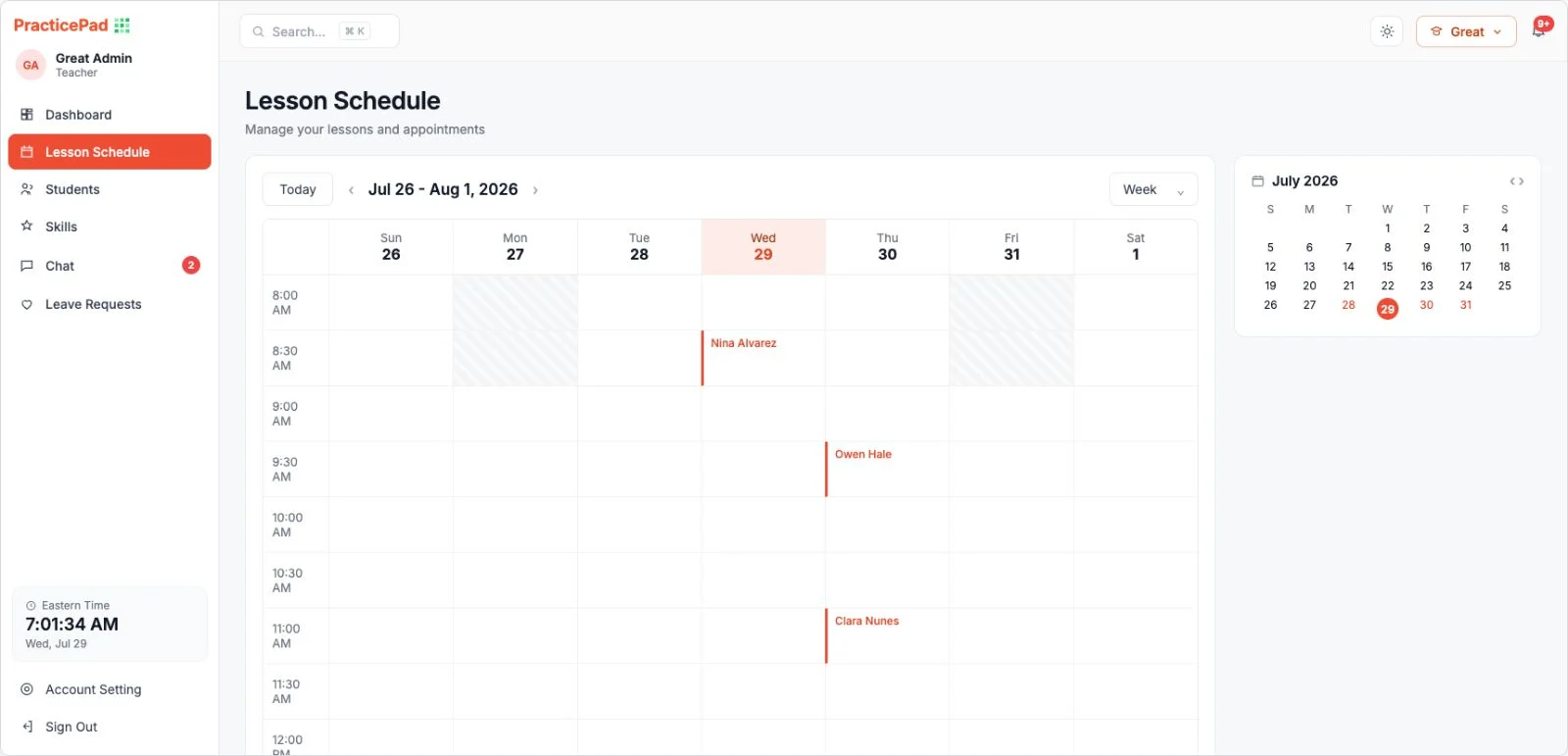 Music school lesson scheduling software weekly calendar with teacher availability and recurring lesson bookings