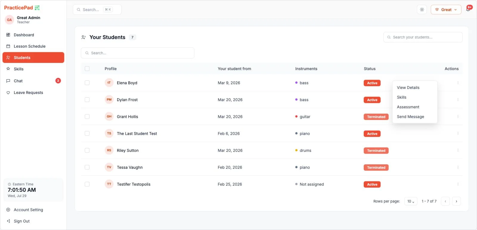 PracticePad student roster listing music students with instruments, start dates and active status