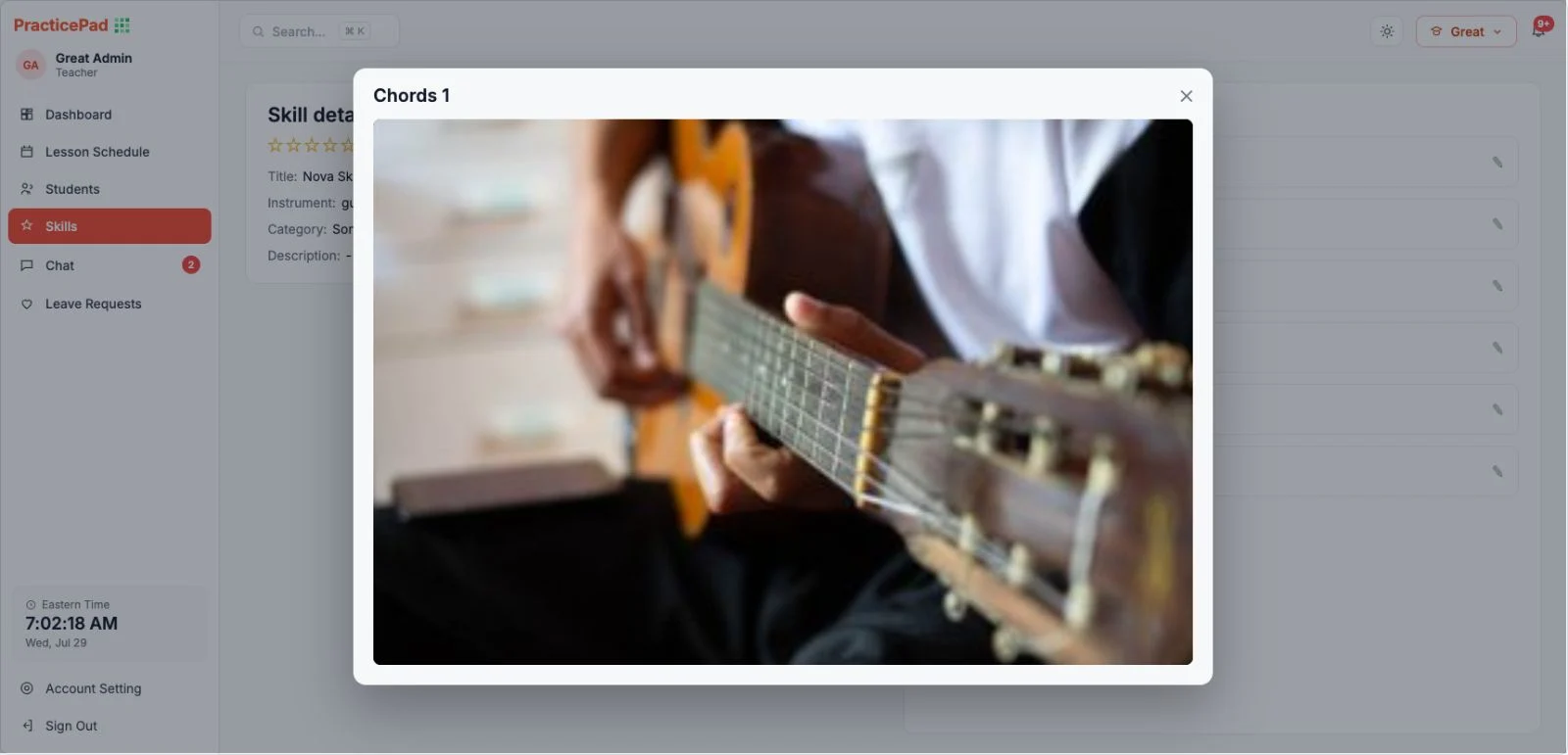 PracticePad tutorial video player showing a guitar chord lesson demonstration