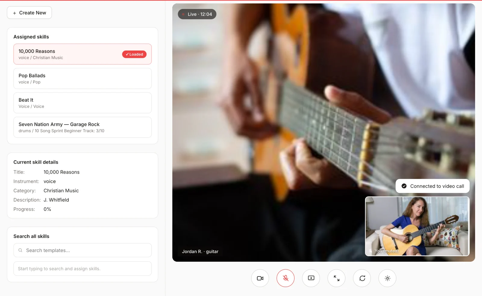 PracticePad virtual lesson room showing assigned music skills beside a live video call of a student playing guitar